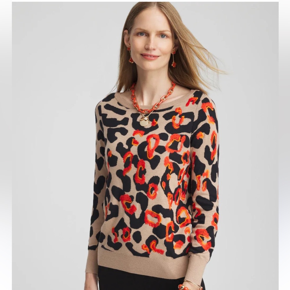 Chicos Embroidered Leopard Jacquard Sweater Large